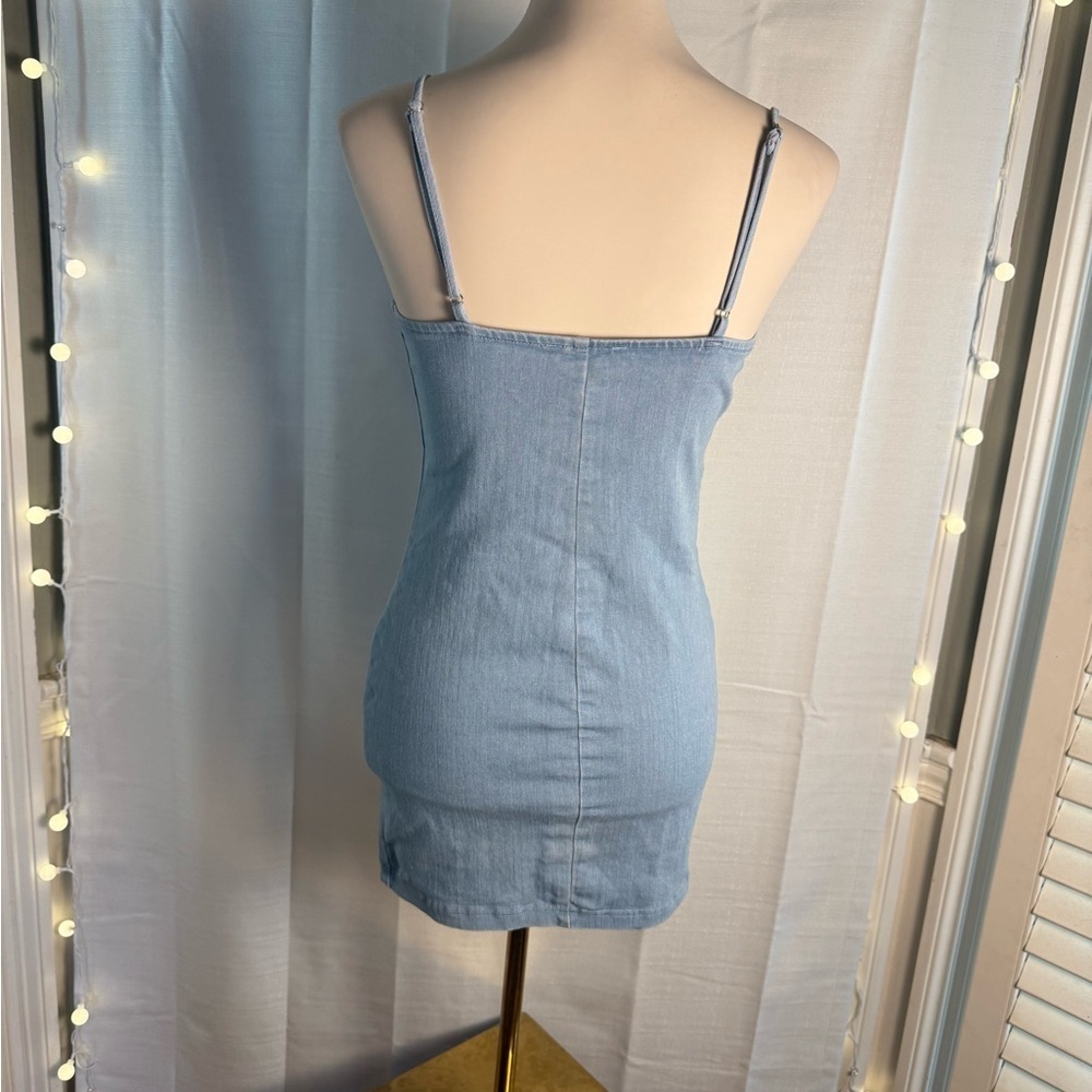 Mele E Pere Blue Jean Bodycon Mini Dress with Plunge Neckline - Picture 3 of 7
